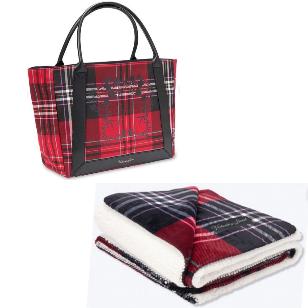 Victoria Secret Red Plaid Holiday Sherpa Blanket + Matching Tote Bag SET *NWT*